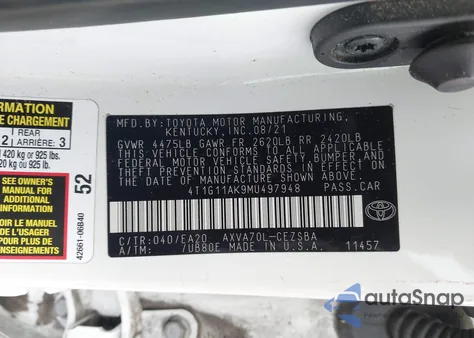 2021 Toyota Camry Se из США, поврежденный, VIN 4T1G11AK9MU497948